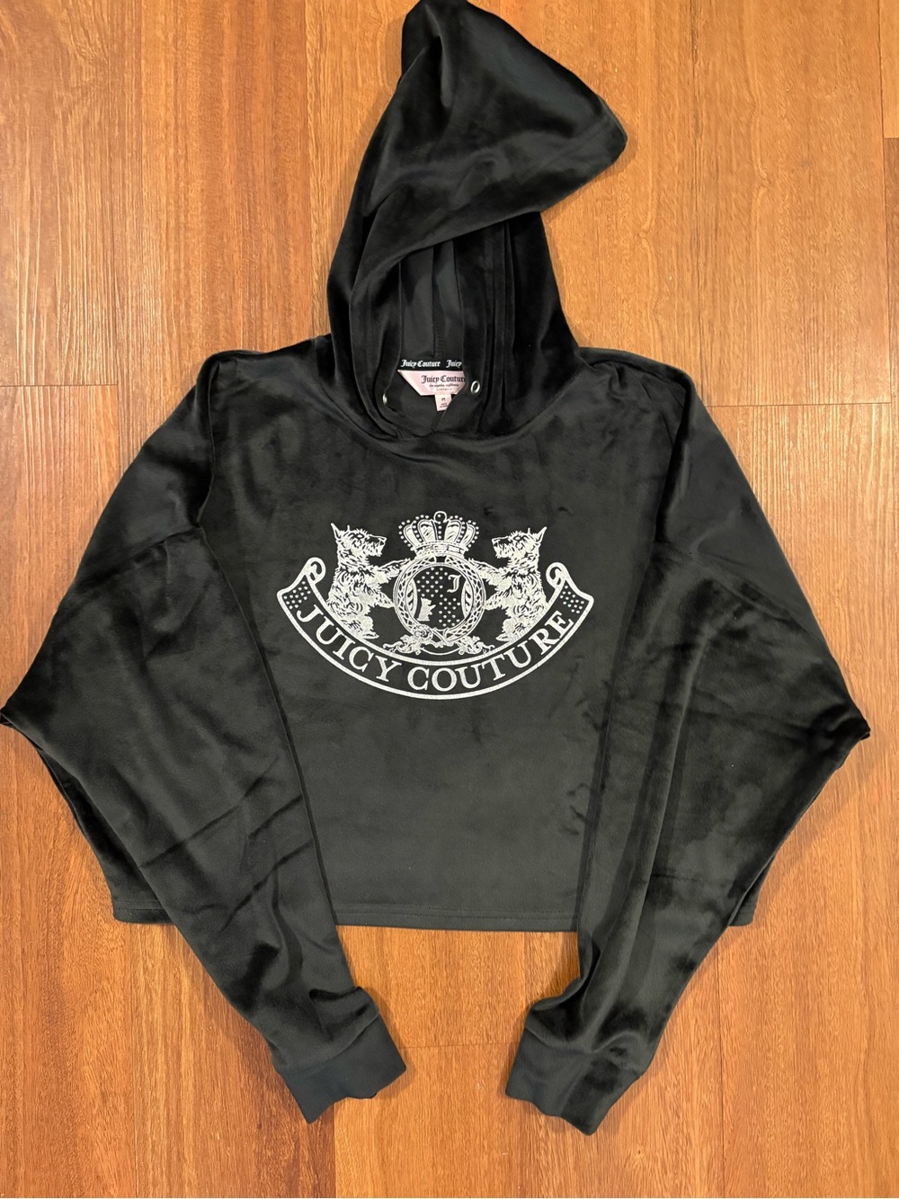 Juicy Couture Black Velour Cropped Hoodie Lounge Sleep Top Size Medium